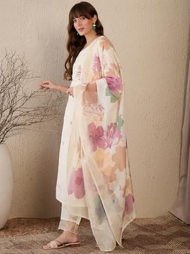 Image of INDO ERA Women Chanderi Silk Straight Floral Embroidered Kurta And Pant With Dupatta Set (IESTR9803)