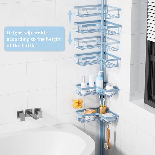 Image of KEGII Shower Caddy Tension Pole, 4-Tier Rustproof Adjustable Corner Bathroom Organizer for Renters, 25-114.2 Inch No Drill Space-Saving Shower Storage Rack, Blue