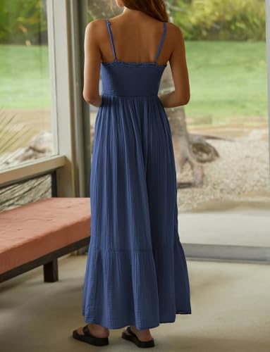 Image of R.Vivimos Womens Summer Boho Cotton Maxi Dress Adjustable Spaghetti Strap Elastic Smocked Casual Ruffle Hem Flowy Beach Dress