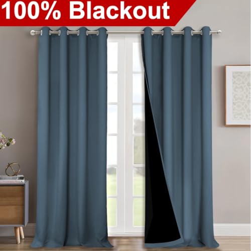 Image of NICETOWN 100% Blackout Curtains for Windows, Pack of 2, Smoky Blue, 52 inch W x 120 inch L, Super Heavy-Duty Black Lined Total Darkness Drapes for Bedroom, Privacy Assured Window Treatment for Patio