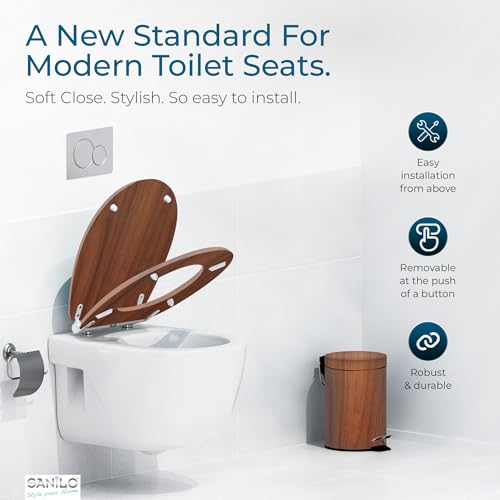 Image of Sanilo Wooden Toilet Seat with Quick Release & Soft Close [ROUND] - Decorative & Slow Close Molded Wood Seat - With One Click for Easy Installation & Cleaning - With Adjustable Fit (Mahogany)