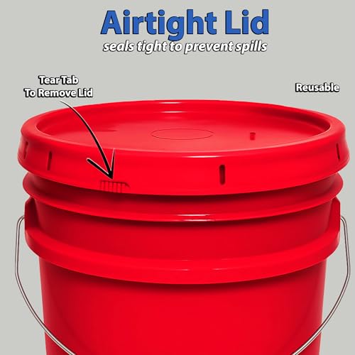 Image of 5 Gallon Bucket & Lid - All Purpose Pail - Made in USA - Food Grade - BPA Free (Red, 6-Pack)
