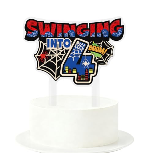 Spider 4th Birthday Cake Topper, Spider Web Theme Cake Decorations Swinging into Design Birthday Party Decorations for Kids Boys Girls Baby Shower Supplies