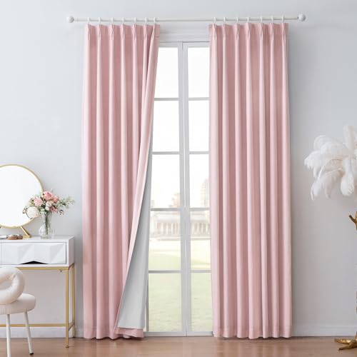 Image of MYSKY HOME Light Pink Pinch Pleated 100% Blackout Curtains 90 inches Long for Bedroom Living Room Linen Textured Double Layer Black Out Window Pinch Pleat Drapes, 40 inch Wide per Panel, 2 Pcs