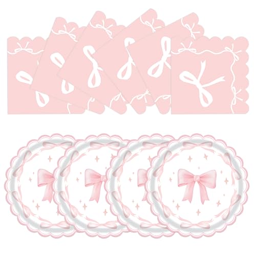 50 Pcs Pink Bow Party Supplies Bow Birthday 9 Inch Plates and Napkins Disposable Birthday Decorations for Girl Bachelorette Bridal Engagement Coquette Baby Shower Cute Tableware Set Serves 25 Guests