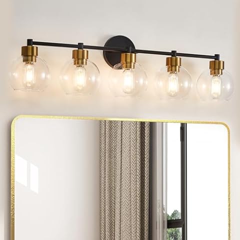 yenlacy Bathroom Light Fixtures, Black and Gold 5 Light Bathroom Vanity Light, Bathroom Lights Over Mirror with Globe Glass Shade and Metal Base, Vanity Lights for Bathroom, Stairs, Kitchen Cover