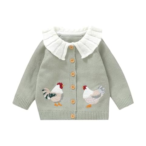 BULINGNA Toddler Baby Girl Cardigan Sweater Chicken Turn-Down Collar Sweatshirt Button Down Knitwear Outwear Farm Outfits (Green, 2-3 Years) Cover