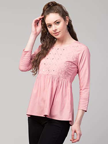 Image of FIMS - Fashion is my style Women Cotton Pleated & Gathered Embroidery Stone Full Sleeves Top Regular Fit Round Neck Tops for Girls
