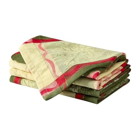 Lintex Golden Mistletoe and Ribbon Christmas Cotton Jacquard Fabric Napkins, Evergreen Mistletoe Red Ribbon Berry Woven Holiday Xmas Easy Care Cotton Weave Napkin Set, Set of 4 Napkins Cover