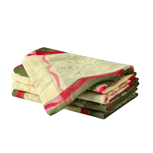 Lintex Golden Mistletoe and Ribbon Christmas Cotton Jacquard Fabric Napkins, Evergreen Mistletoe Red Ribbon Berry Woven Holiday Xmas Easy Care Cotton Weave Napkin Set, Set of 4 Napkins