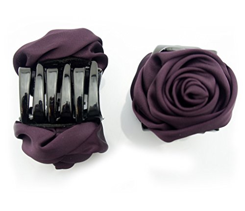 Barrettes Cheveux Rose en Satin Violet Foncé - Pince Crabe Fleur 70x50 mm Accessoire Coiffure Femme
