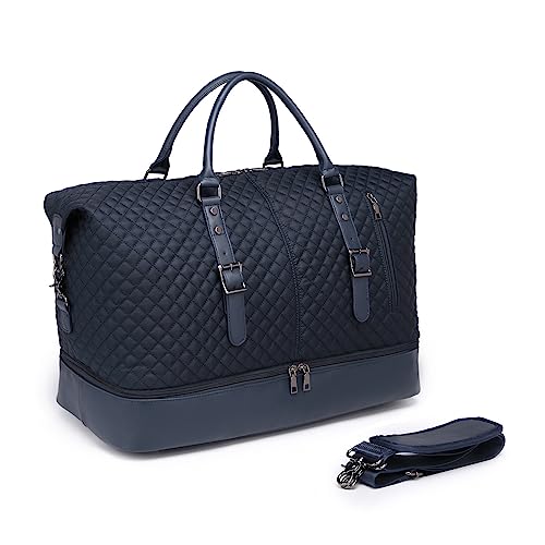 seyfocnia Overnight Travel Duffel Bag, Canvas Leather Oversized Weekender Bag Large Carry On Bag Travel Bag for Men or Women, Blue, Fashion