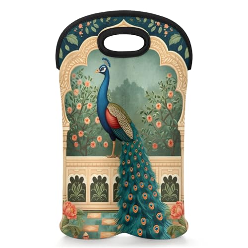 GzLeyigou 2 Bottles Peacock Wine Bag Sleeve Totes Peacock Palace Neoprene Protective Wine Carrier Bag for Wine,Water, Champagne, Beer, Baby Bottles,Gift 14.5 x 10 Inches