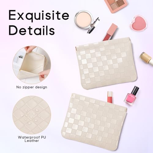 Sightor 2PCS Pocket Cosmetic Bag for Purse, Checkered Makeup Bag Portable Leather Cosmetic Bag for Women, Coin Purse Lipstick Cosmetic Accessories Organizer Travel Cosmetic Pouch (Black, Beige, L)3