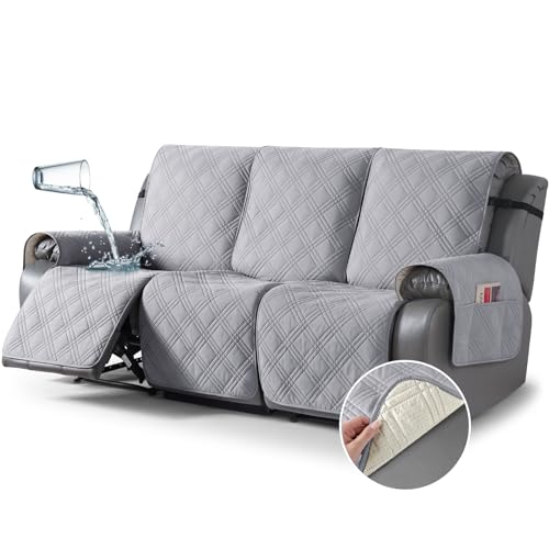 Image of TAOCOCO 100% Waterproof Recliner Couch Cover, Non Slip Split Couch Covers for Reclining Couches with Elastic Straps, Washable Reclining Couch Covers Furniture Protector for Pets(3 Seater, Light Grey)