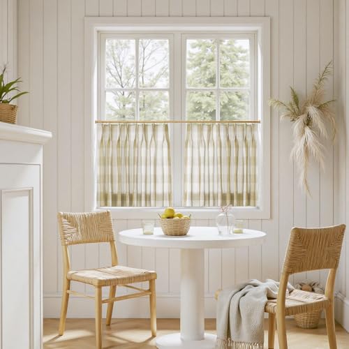 TWOPAGES Pinch Pleat Cafe Curtains 36 Inch Long Buffalo Plaid Light Filtering Farmhouse Half Window Curtains for Small Window (Khaki Grid 26W x 36L Inches Set of 2)