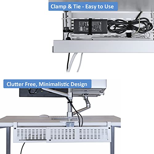 Aeons Under Desk Cable Management Tray Kit - Horizontal Adjustable Up Tp 41” Desk Organizer Removable C Clamp Mount Reversiable Computer Cord Raceway And Modesty Panel For Large Desk, White/Beige #TOP3