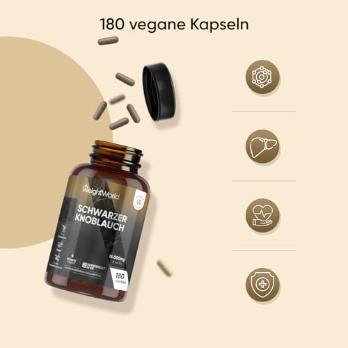 Schwarzer Knoblauch 100:1-15000 mg Knoblauch Extrakt pro Portion - Allium Sativum - 180 veganes Kapseln - 6 Monate Vorrat - Black Garlic - Frei von Magnesiumstearat - 1 Kapsel täglich - WeightWorld