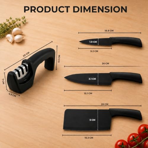 Image of GO STORE Set of 3 Kitchen Knives with Knife Sharpener | Stainless Steel Sharp Chef Knives | Ergonomic Handle | Chopping, Slicing, and Dicing for Vegetables, Fruits, and Meat
