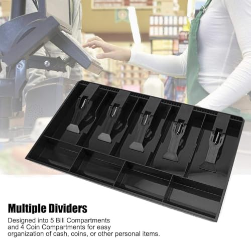Image of Cash Register Drawer Insert Tray, Portable Currency Till Replacement Money Organizer with Spring-Loaded Note Clips and Divided Storage Sections for Shops, Offices and Billing Counters