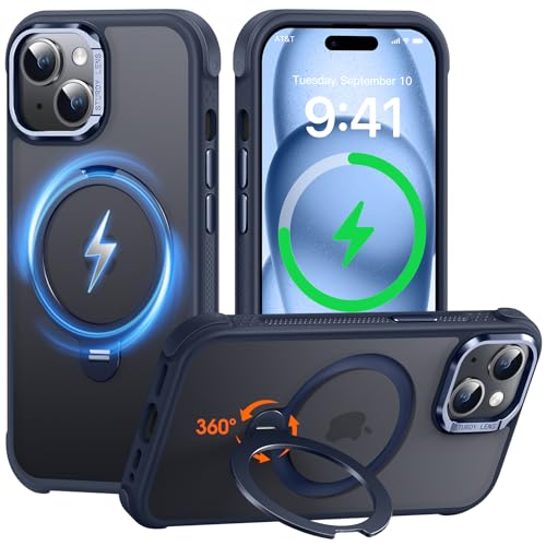 Coque iPhone 15 anti-rayures support magnétique rotatif bleu marine mate