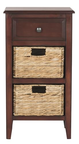 Image of SAFAVIEH Home Collection – Everly Cherry 3-Drawer Side Table with Woven Basket Storage, Fully Assembled Farmhouse Accent Table (AMH5743C)