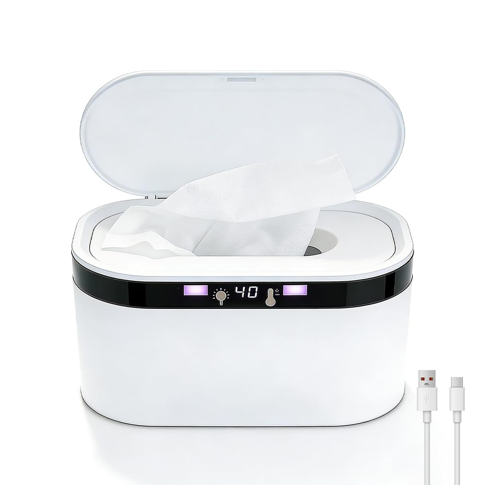 Weciau Baby Wipes Warmer, 40℃-60℃ Adjustable Wet Wipe Warmer with Night Light and Temperature Display, USB Powered Large Capacity Heated Wipes Dispenser for Babies Home Car Travel
