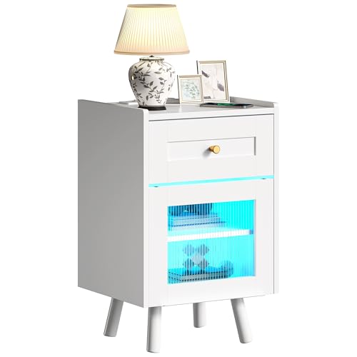 YITAHOME Table de Chevet avec Barre Lumineuse LED 7 Couleurs, Armoire de Chevet avec tiroir et étagère réglable, Table d'appoint de Rangement Noire pour...