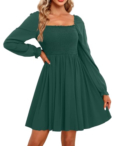 Image of Holipick Women's Casual Square Neck Smocked Dress Shirred Ruffle Puff Sleeve High Waist Cute Flowy A-Line Short Dress