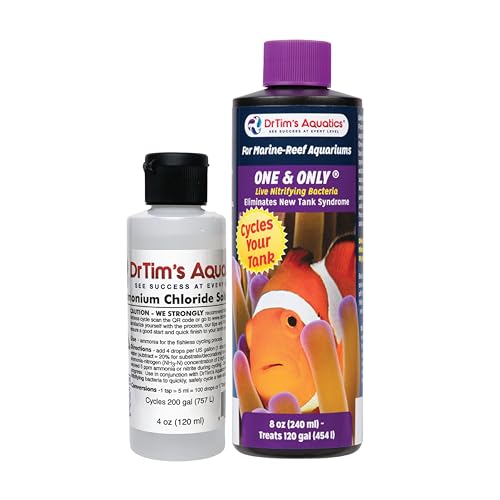 DrTims Aquatics Ammonium Chloride Solution One and Only Live Nitrifying Bacteria Aquarium Cycle Start Up Bundle for Saltwater Reef Aquarium (4oz Ammonium + 8oz One Only for 120 Gallon Tank)