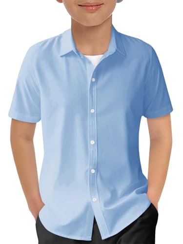 Haloumoning Boys Short Sleeve Dress Shirts Kids Summer School Uniform Button Down Shirt 5-14 Years Sky Blue