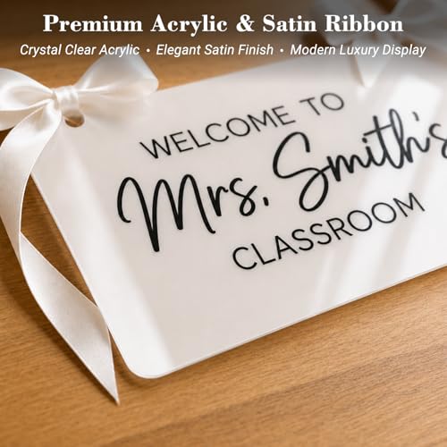 Image of Personalized Teacher Door Sign, Custom Teacher Name Acrylic Classroom Welcome Sign with Ribbon, Back to School Classroom Door Decor, Teacher Wall Hanging Sign, First Day of School Gift for Teachers