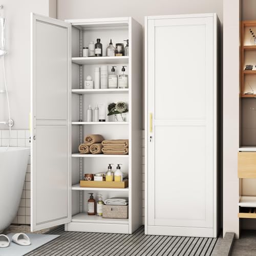 baoliwo Tall Metal Narrow Bathroom Storage Locker Cabinet 67 H Tall White Pantry Cabinets with 5 Adjustable Shelves and Lockable Doors for Kitchen Home Office Living Room Dining Room