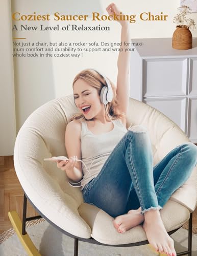 Kidirect Round Saucer Rocking Chair Nursery, Modern Upholstered Nursery Rocking Chairs and nursery Glider with Cozy Cushion, Comfy Nursing Chair for Breastfeeding & Reading, Fits Living Room & Bedroom