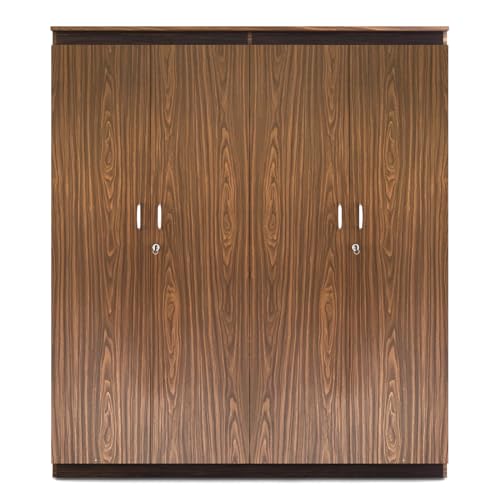 Image of Coral 4 Door Wardrobe | Engineered Wood | Mexican Walnut Finish | Hanging Rods, Shelves | Modern Storage Solution for Bedroom | Knock-Down Assembly | 3-Year Warranty
