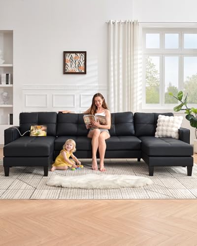 TYBOATLE 116’’ W Black Faux Leather Sectional Couch w/USB and Cup Holders for Living Room, Comfy Tufted U Shaped Sofa w/Chaise Lounge, Office Leather Sofa for Bedroom
