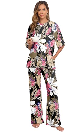 Image of PrinStory Womens Pajamas Sets 2 Piece Lounge Set Short Sleeve Tops and Long Pants Soft Pjs Loungewear with Pockets