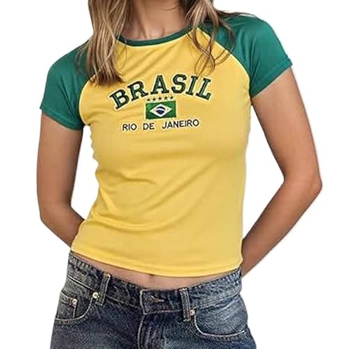 Vintage Graphic Baby Tees for Women Brazil Shirt Y2k Tops Mexico Crop Top Jersey 2000 Summer Going Out Top (Large,Brasil Green)