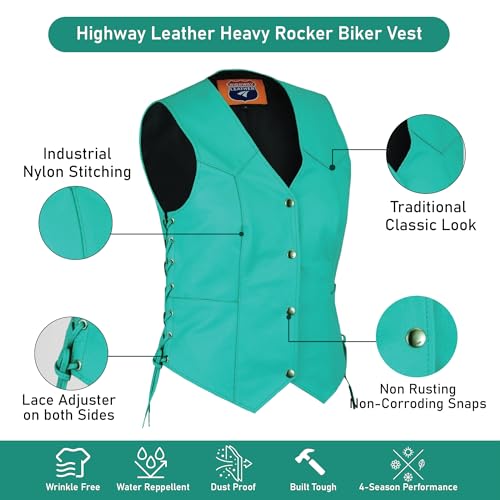 HL14501TEAL Women's Teal color side laced Leather Vest with utility Pocket for clubs, White4
