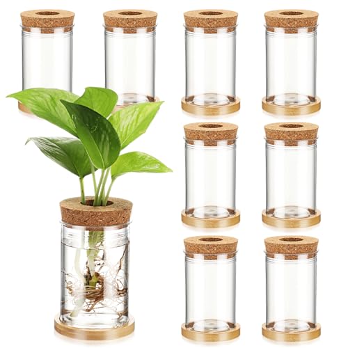 Baderke 9 Packs Propagation Vases for Plants Plastic Plant Propagation Station with Hole Lid and Bamboo Stand Growing in Water Hydroponic Home Office Table Decoration(Classic Style)
