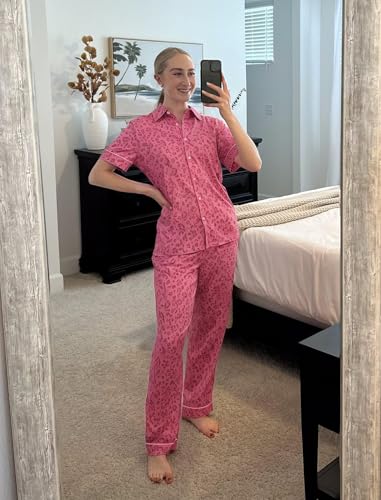 Ekouaer Womens Pajama Sets 2 Piece Button Down Short Sleeve Pjs Set Soft Lounge Set with Long Pants S-XXL3