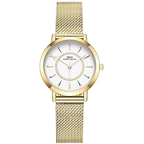 IBSO Women Stainless Steel Band Watches Ladies Quartz Wristwatches Waterproof Mesh Bracelet Watch Relogio Feminino (3202 Gold) Cover