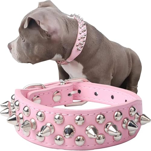 Oiltomn Adjustable Leather Spiked Studded Dog Collars Small Medium Large Pets Like Cats/Pit Bull/Bulldog/Pugs/Husky, Pink,【 Neck 12 in】