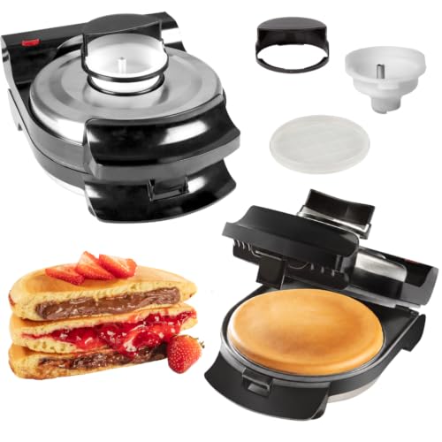 Product Image of the Electric Stuffed Pancake Maker- Make a GIANT Stuffed Waffle or Pan Cake in Minutes - Add Fillings for Delicious Breakfast or Dessert, Nonstick Baker Machine w Silicone Batter Funnel, Fun Unique Treat