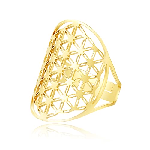 RWQIAN Femme Réglable Archange Bague Metatron Or,Filles En Acier Inoxydable Sacré Anneau Archange Bague Creux Fleur de Vie Bijoux Cadeau
