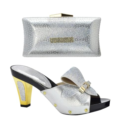 Womens Rhinestones High Heel Shoes And Bag Matching Set Wedding Party Pumps And Bag Set