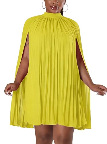 Image of Women's Casual Cape Sleeve Pleated Split Short Dress Loose Fit Cocktail Party Flowy Dress