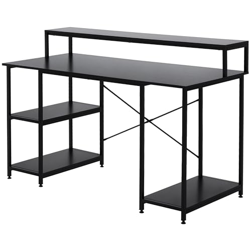 HOMCOM Mesa para Computadora Escritorio de Oficina Estudio con 3 Estantes Tabla Superior Patas con Almohadillas Ajustables Antideslizantes Marco Metálico 140x60x93 cm Negro