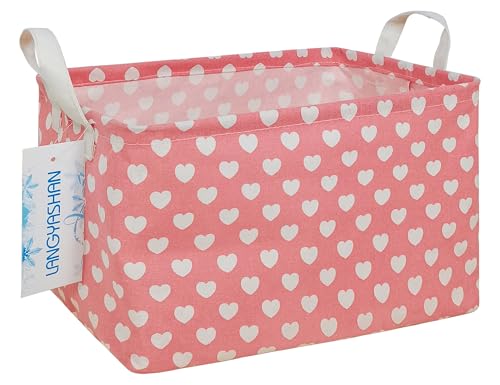 Image of Rectangular Storage Basket Collapse Canvas Fabric Cartoon Storage Bin with Handles for Organizing Home /Kitchen /Kids Toy /Office /Closet /Shelf Baskets(REC pink heart)