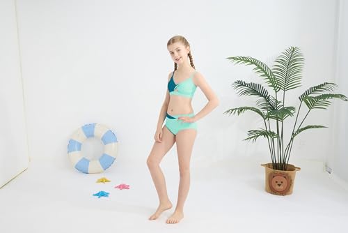 Image of Girls Swimsuit Color Block Twist Bathing Bikini Suit Adjustable Straps Girls 2 Piece Swimsuit 7-14 Years